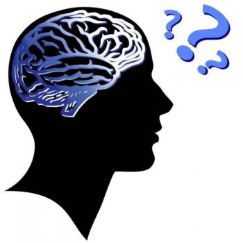 A black silhouette of a man's head with a blue brain inside and three question marks above