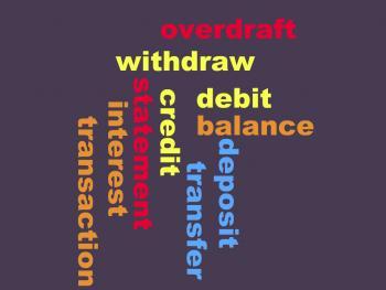 word cloud containing the words balance, debit, credit, overdraft, statement, withdraw, interest, transaction, transfer, and deposit. 